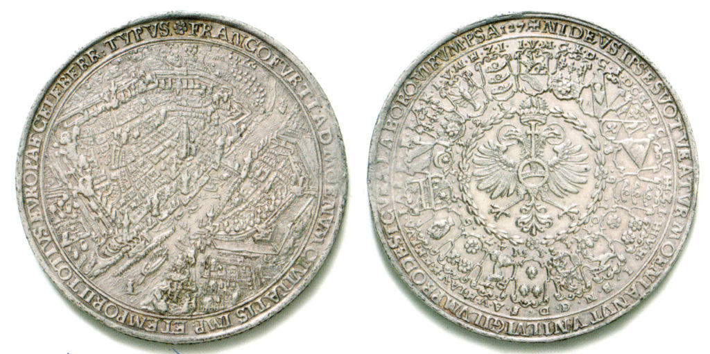 Münze mit einer Ansicht von Frankfurt, Vorder- und Rückseite