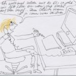 Cartoon: Frau sitzt am Schreibtisch, vor einem Computer und telefoniert