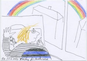 Cartoon: eine Frau schaut aus dem fenster, großer Regenbogen