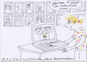 Cartoon: Auf dem Tisch steht ein Computer, davor eine Frau