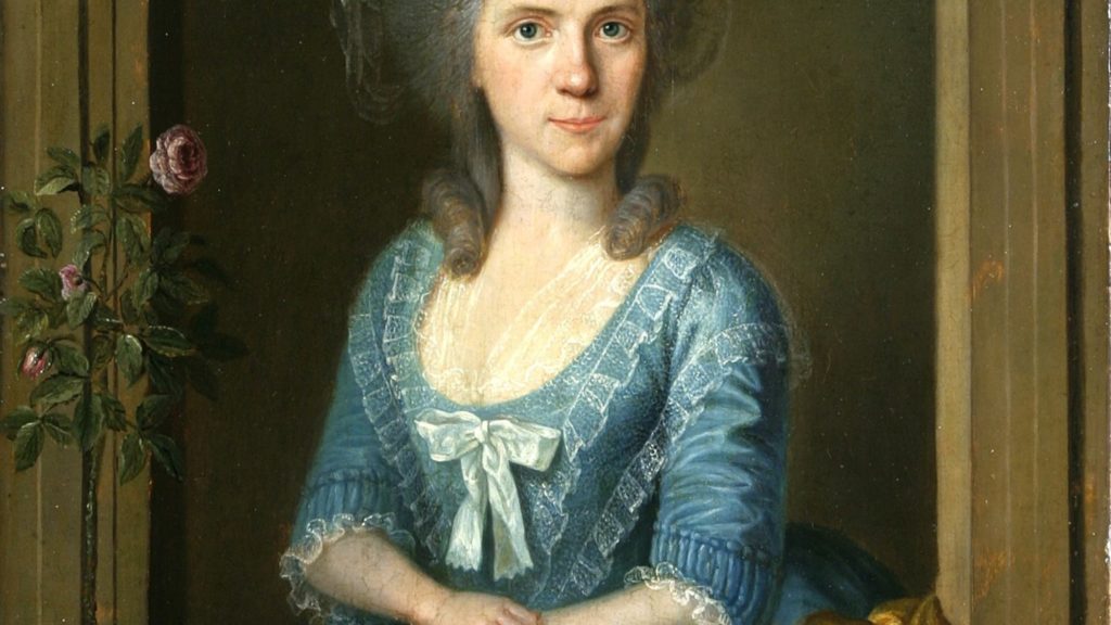Gemälde von einer Dame in einem blauen Kleid, die an einem Fensterrahmen lehnt