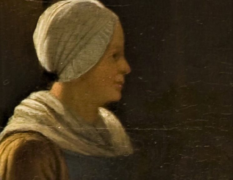 Gemaltes Porträt einer Frau von der Seite, das haar ist mit einem Kopftuch verhüllt