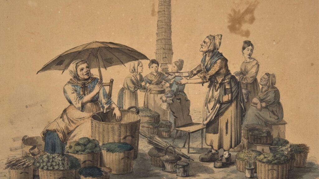 Zeichnung von einer historischen Marktszene: mehrere Frauen mit Gemüsekörben sitzen auf dem Boden, andere Frauen kaufen ein