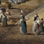 Gemälde, auf dem viele Frauen in altmodischer Kleidung zu sehen sind, mit langen Schürzen und Kopfbedeckungen