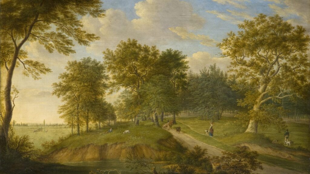 Das Gemälde zeigt einen Weg, an dem einige Eichen stehen. Ein hirte treibt einige Kühe, eine Frau trägt einen Korb. Auf dem rechten Bildrand ist ein Jäger zu sehen.
