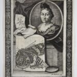 Darstellung von Maria Sybilla Merian rechts oben, im Vordergrund ein Schmetterling und Papier