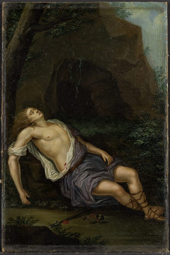 Gemälde von einem halbentkleideten Mann, der ermattet auf einem Sofa liegt