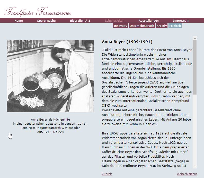 screenshot von der Website "Frankfurter Frauenzimmer: rechts ein Foto, links Text