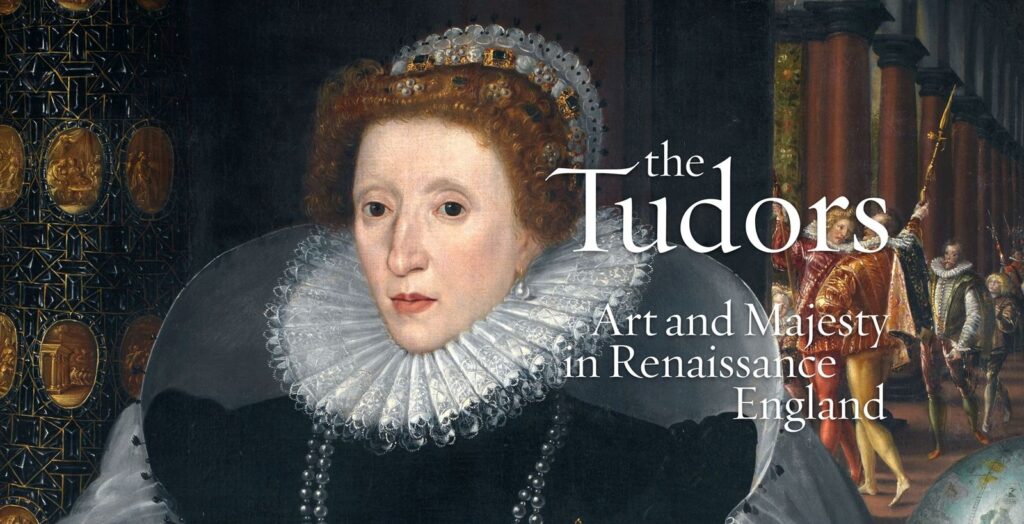 Plakat mit einer Frau mit einem großen weißen Kragen, mit weißer Schrift: The Tudors