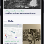 Ein Handy mit der Startseite der Frankfurt History App, die aus verschiedenen Teaser-Bildern besteht.