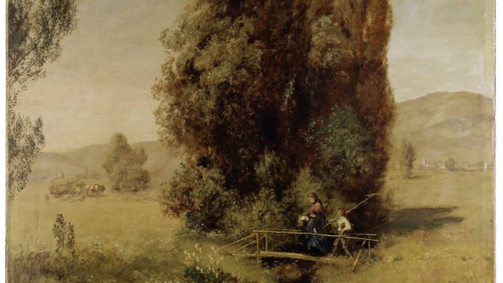 Gemälde: vor einer Baumgruppe gehen zwei Personen, eine Frau und ein Kind über eine kleine Brücke, die über einen Bach führt.