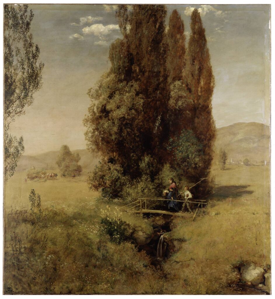 Gemälde: vor einer Baumgruppe gehen zwei Personen, eine Frau und ein Kind über eine kleine Brücke, die über einen Bach führt.