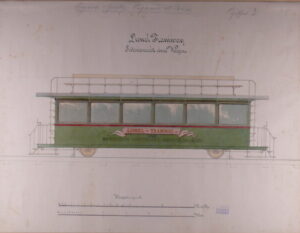 Colorierte Zeichnung einer Lionel Tramway in der Seitenansicht von circa 1870. Auf dem Straßenbahnwagen ist die Linie Bockenheim - Hauptwache - Hanauer-Bahnhof aufgezeichnet.