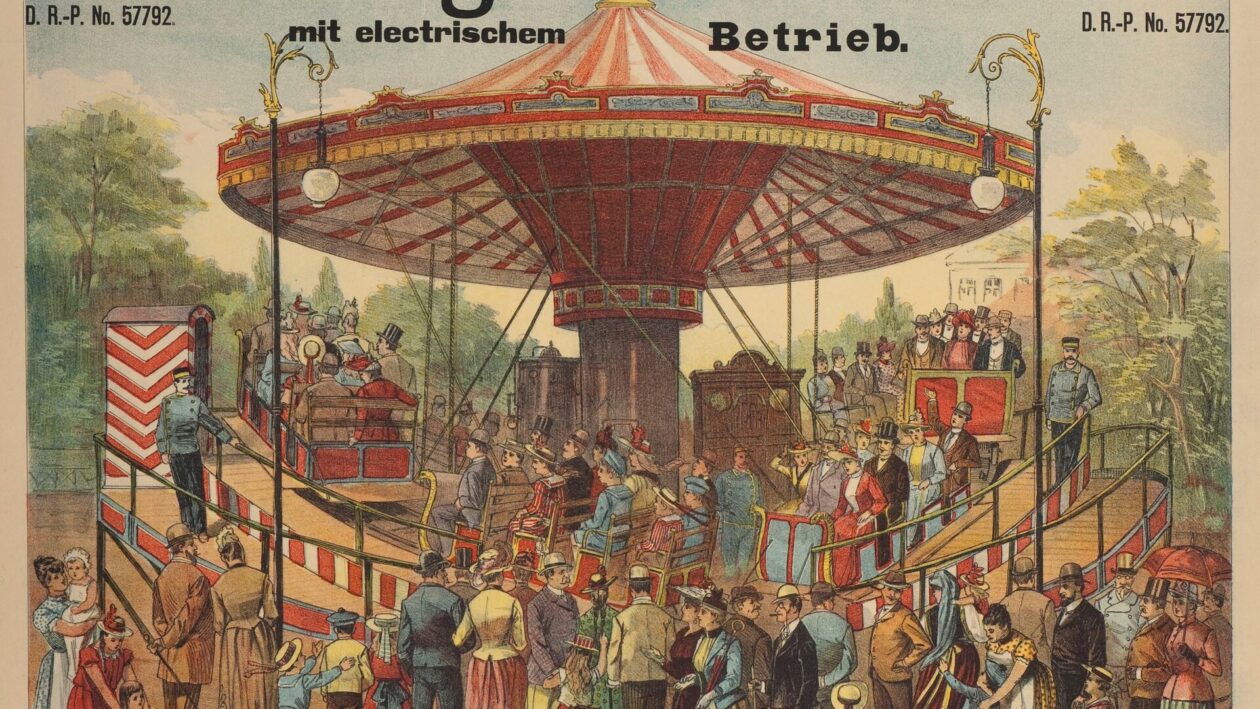 historisches Plakat, das für eine Berg-Tal-Bahn wirbt: es ist ein Karussell zu sehen, vor dem sich ganz viele schick gekleidete Personen stehen.