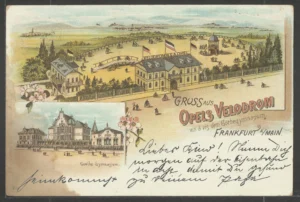 Bildpostkarte mit Ansicht des Opel Velodroms und zahlreichen Fahrschüler*innen, sowie mit einer Ansicht des Goethe-Gymnasiums und einem handschriftlichen Gruß