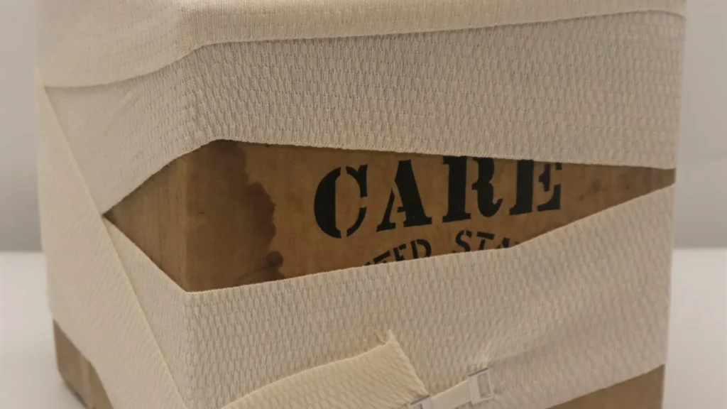 ein Paket mit weißem Band; die Schrift "Care" ist zu erkennen
