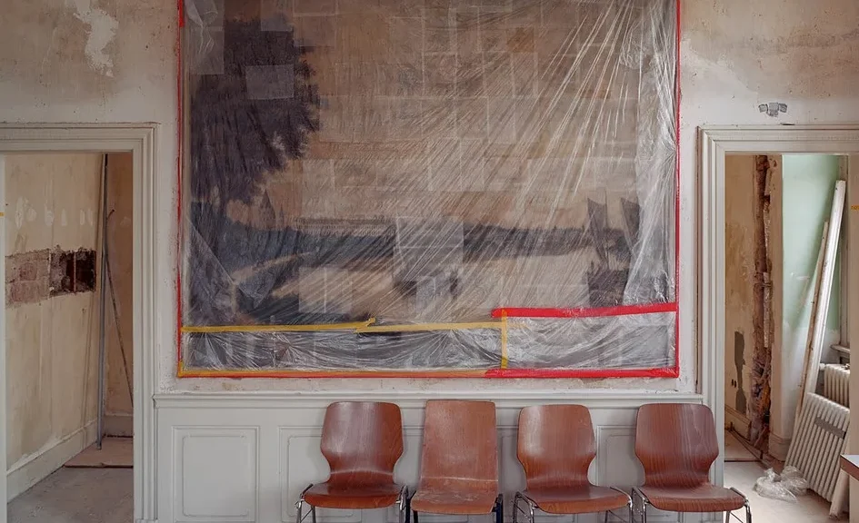 vier Stühle stehen vor einem eingepackten Bild